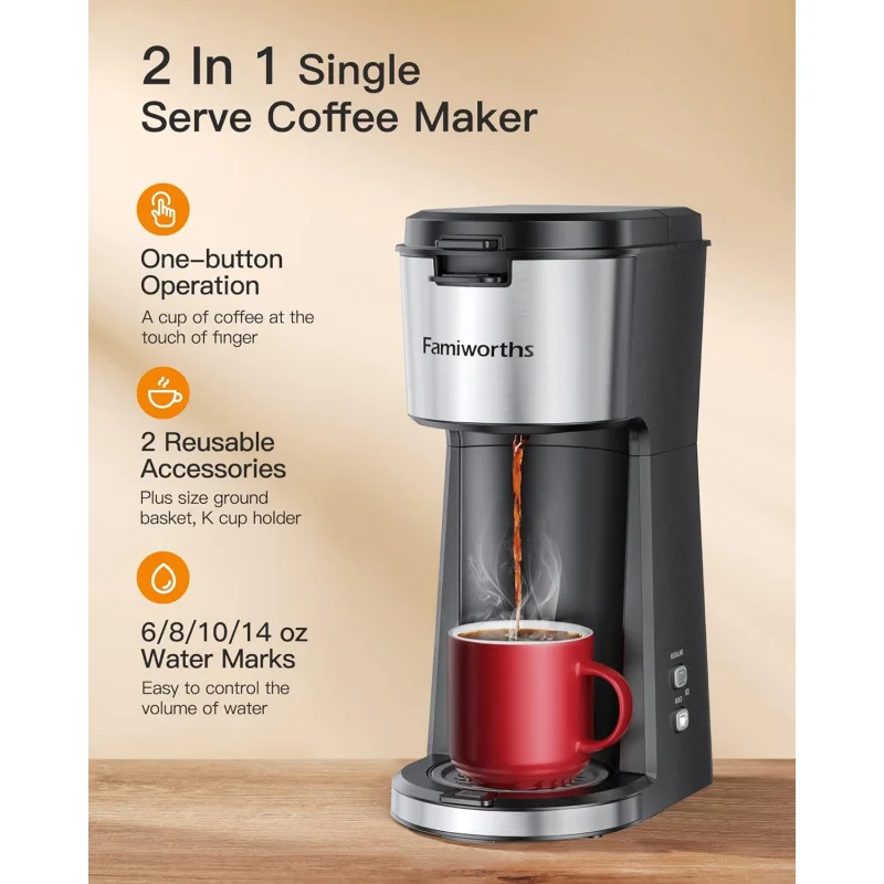 Single Serve Coffee Maker for K Cup & Ground , With Bold Brew, One , 6 to 14 oz. Sizes, Fits Travel M
