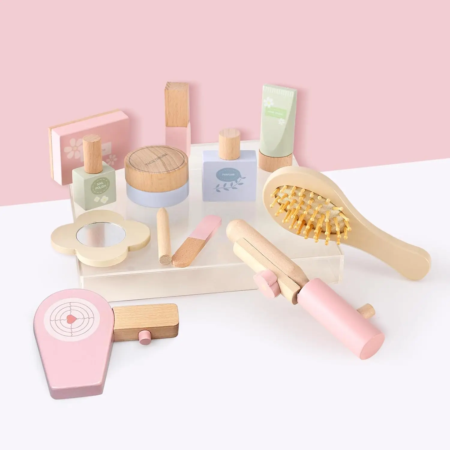 Wooden Vanity Table Toy for Little Girls, Kids Beauty Salon Play Set with Accessories 15 pcs, Pretend Play Toddler Makeup Kit Ta