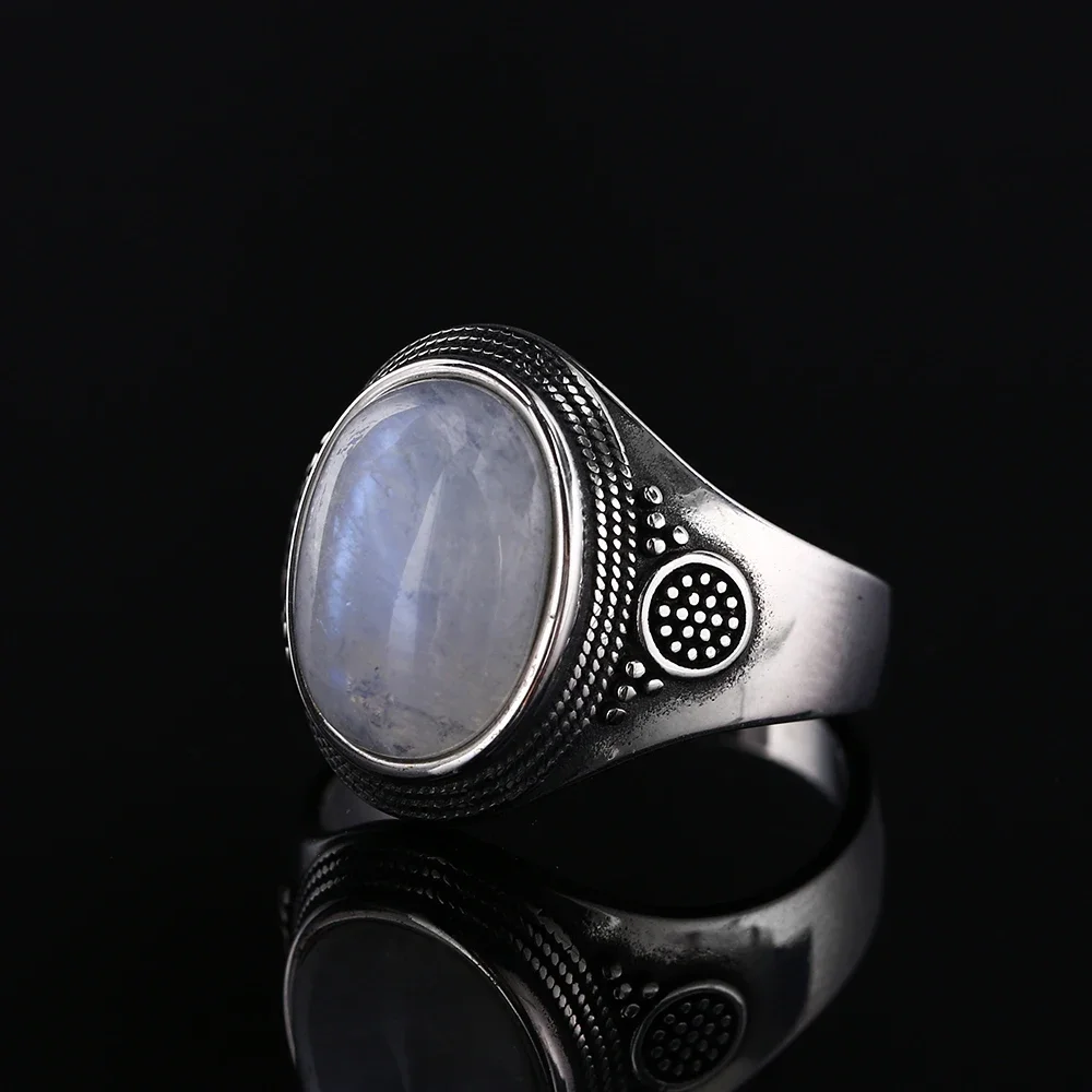 Silver Rings Silver Ring Gemstone Ring Natural Moonstone Ring Lady S925 Sterling Silver Jewelry Retro Party Ring 10x14MM Large Ellipse Gem Gift