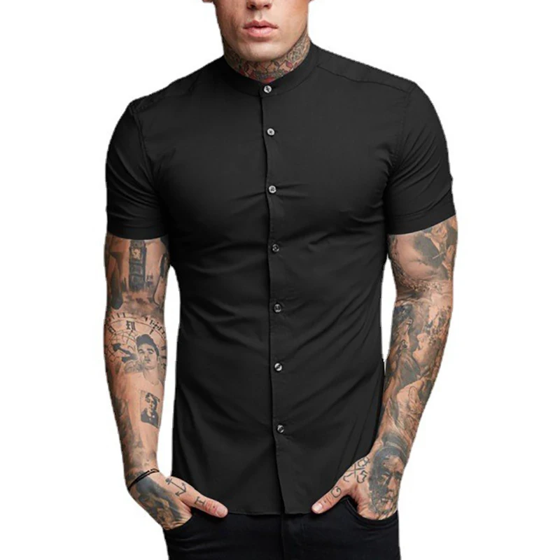 New Fashion Summer Casual Short Sleeve Shirt Men Stand Collar Super Slim Fit Business Dress Shirt Mens Button Gym Fitness Tops casual short sleeved shirt short sleeved shirt button down shirt
