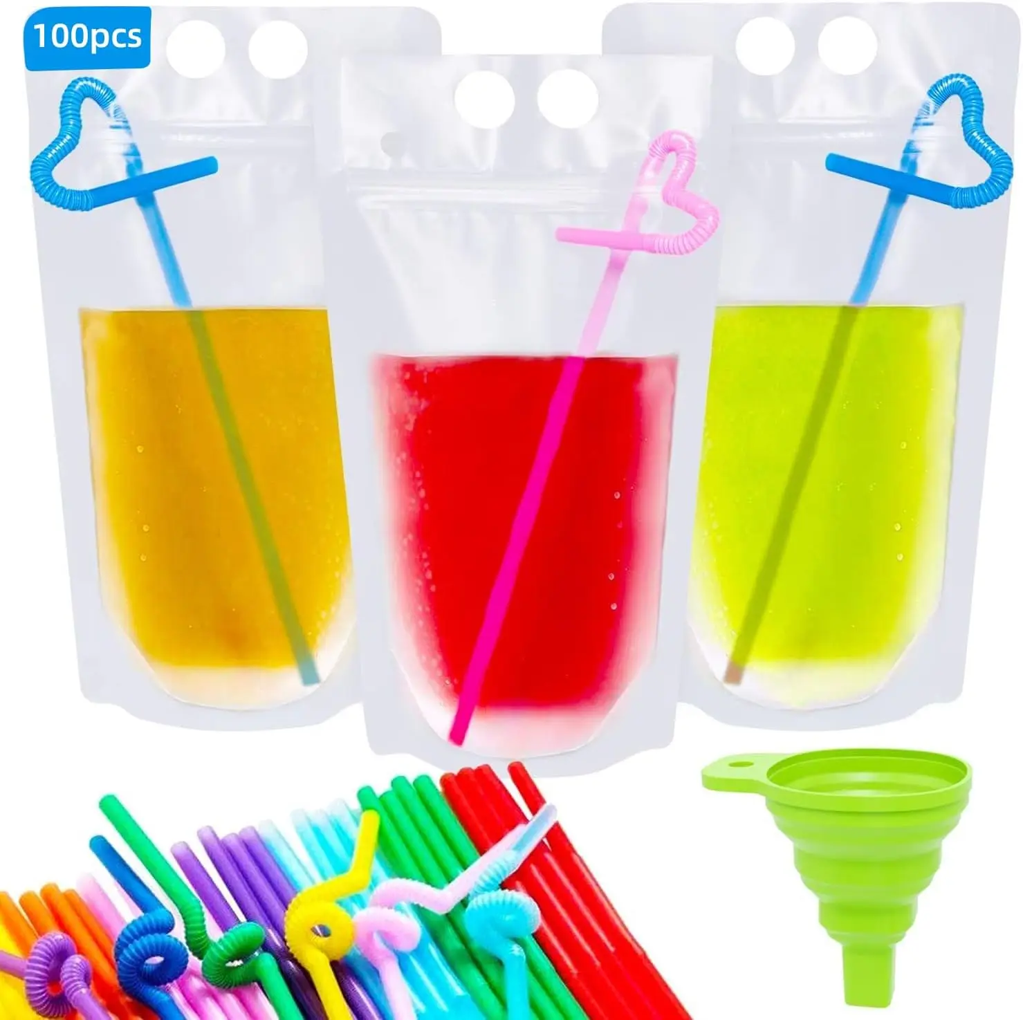 100 Reusable Bags with Straws, 500ml Transparent Anti-Spill Bags for Cold Drinks – Perfect