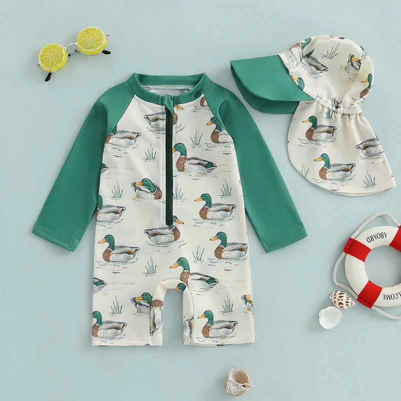 Kids Swimsuits Toddler Kids Boy Rash Guard Swimsuit with Hat 2 Pcs Set Duck Printed Zip Up Long Sleeve Crew Neck Baby Boy Swimwears