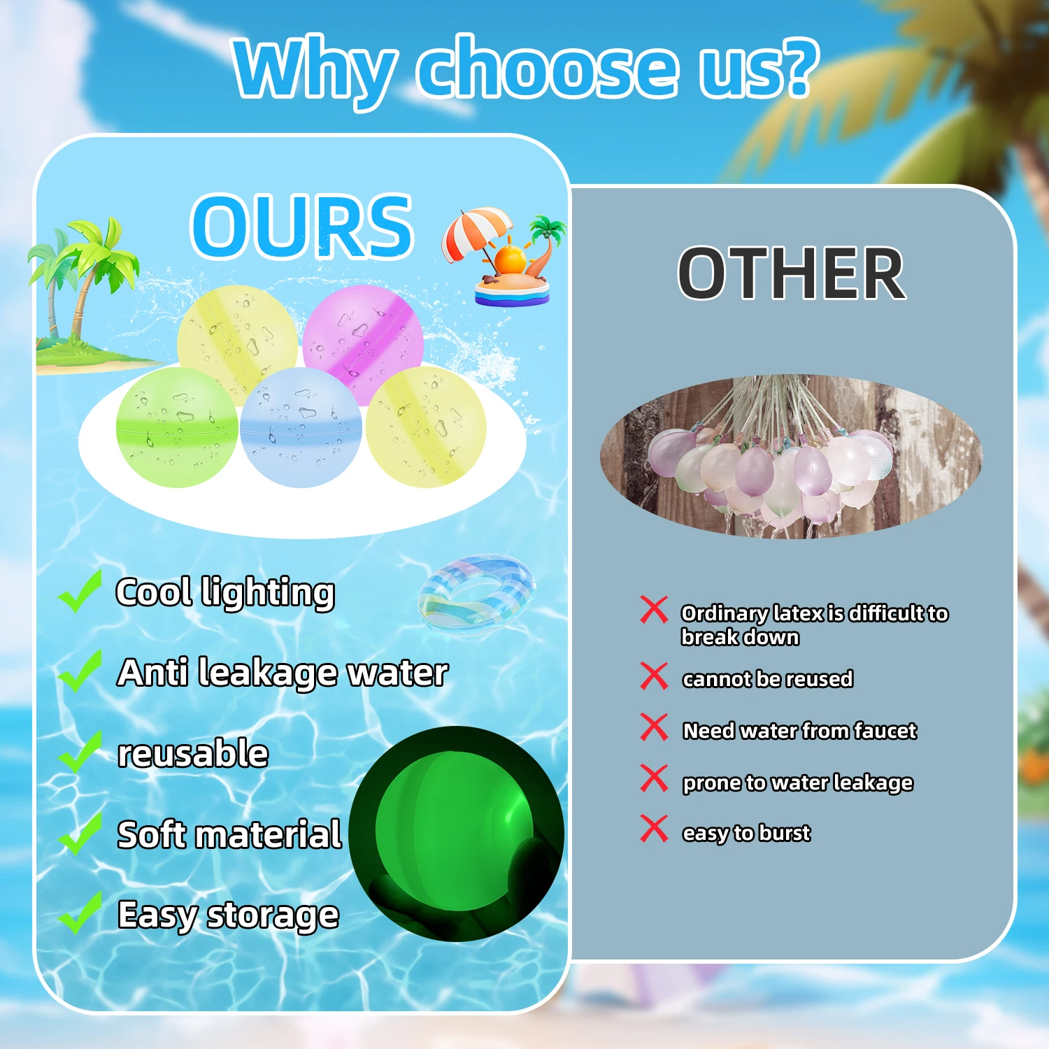Reusable Water Balloons, Self Sealing & Quick Fill Water Balls with LED Light, Summer Pool Beach Water Toys for Kids Adults 6