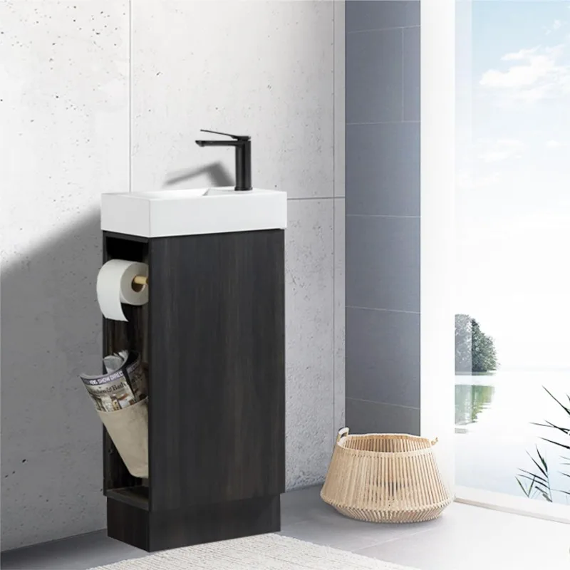 

Современный напольный стеллаж для ванной комнаты, 16 дюймов с 2 держателями для туалетной бумаги, ореховая черная стена