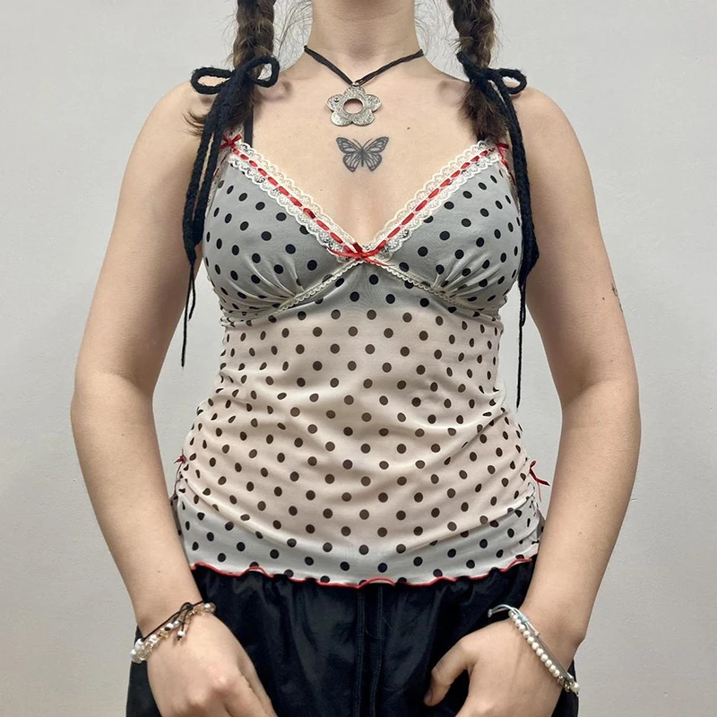 

IAMHOTTY Y2K Polka Dot Print See Through Mesh Cami Contrast Ribbons Bow Lace Stitching V-neck Crop Top Coquette Sleeveless Top