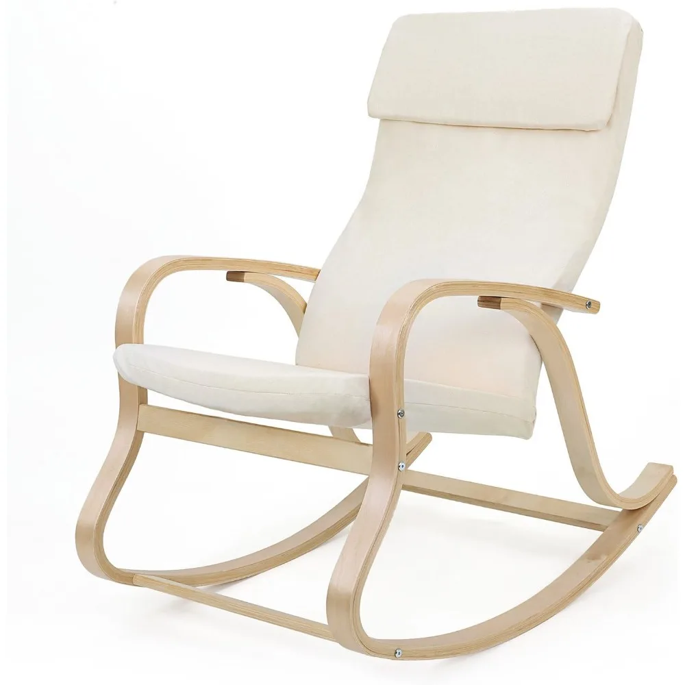 

Fauteuil Ã€ Bascule en Bois De Bouleau, Chaise Berçante, avec Oreiller, Housse en Coton, Capacité De Charge 120 Kg, Beige