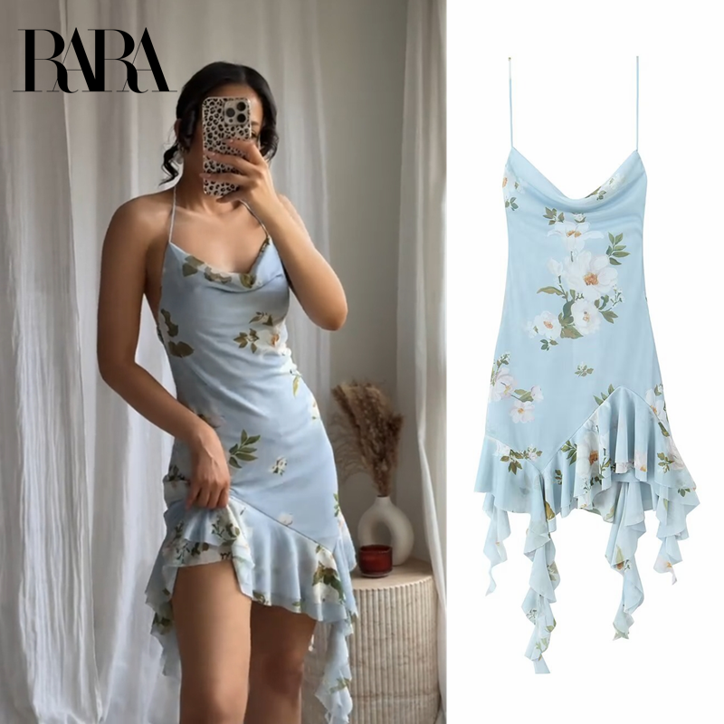 2025 RARA Summer New Arrivals Women's Printed Tulle Short Dress Ruili Sweet Short Dress Asymmetric Suspender Dress