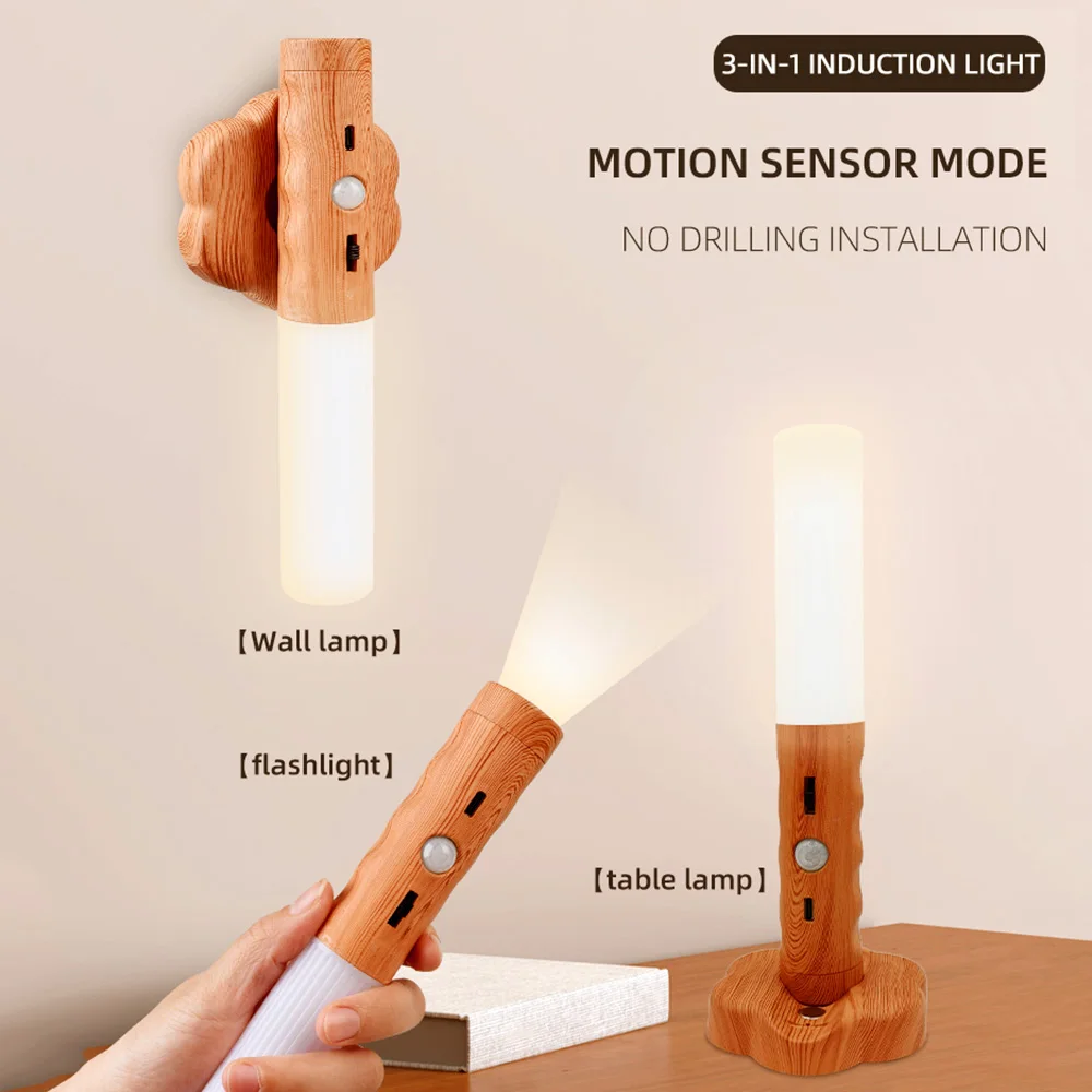 

3-in-1 LED USB Wireless Wood PIR Night Light Kitchen Cabinet Closet Lamp USB Wall Lamp Home Bedroom Table Lamp Bedside Lighting