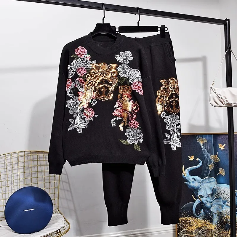 

Black White Sequins Flower Knitted Tracksuits Women Outfits 2pc Loose Casual Pullover Sweater Pencil Pants Two Piece Set Female