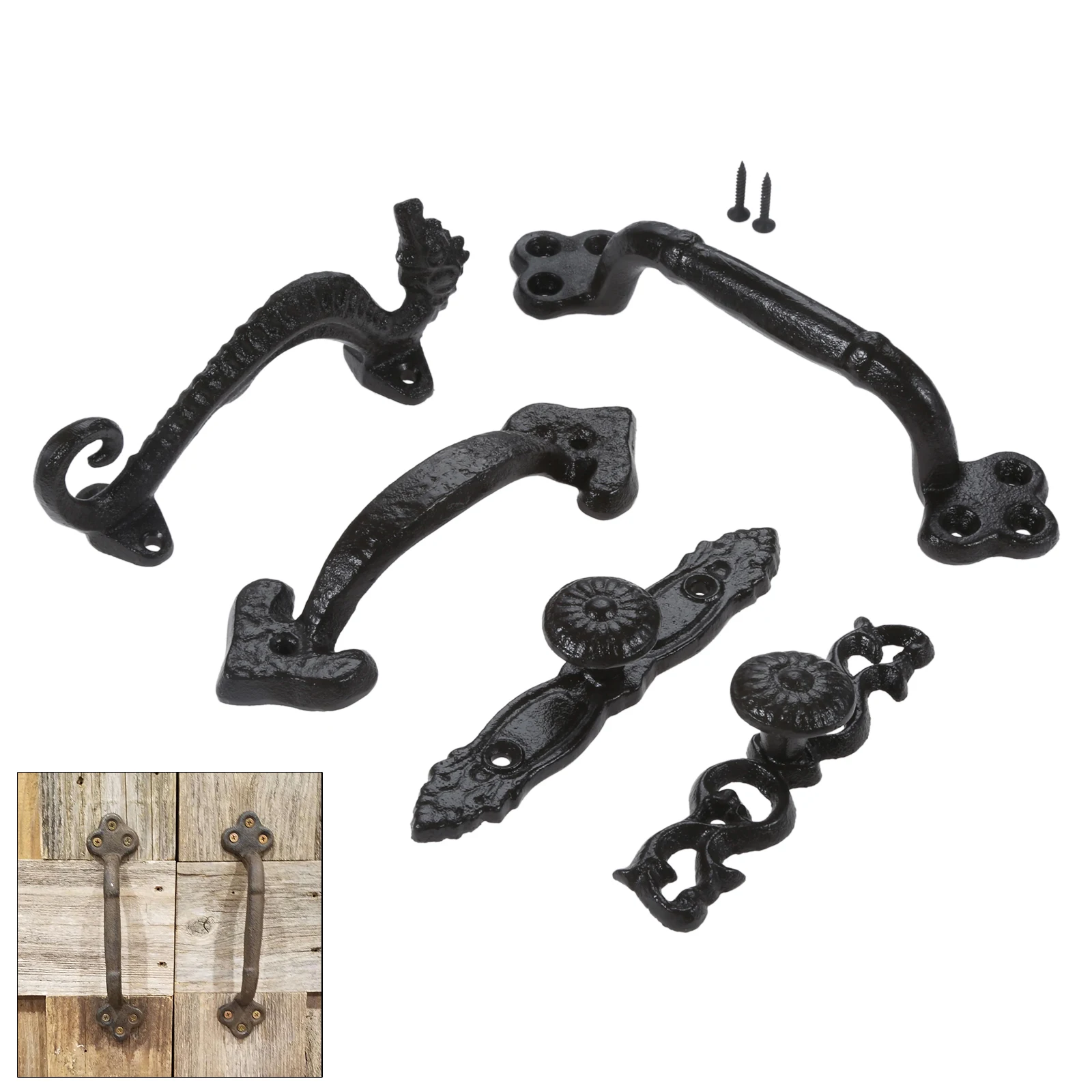 Door Handles Iron Pull Heavy Duty Antique Door Knobs Handle w/screw Hollow/Solid/Sea Horse/Flower/Heart Vintage Bathroom Kitchen Furniture