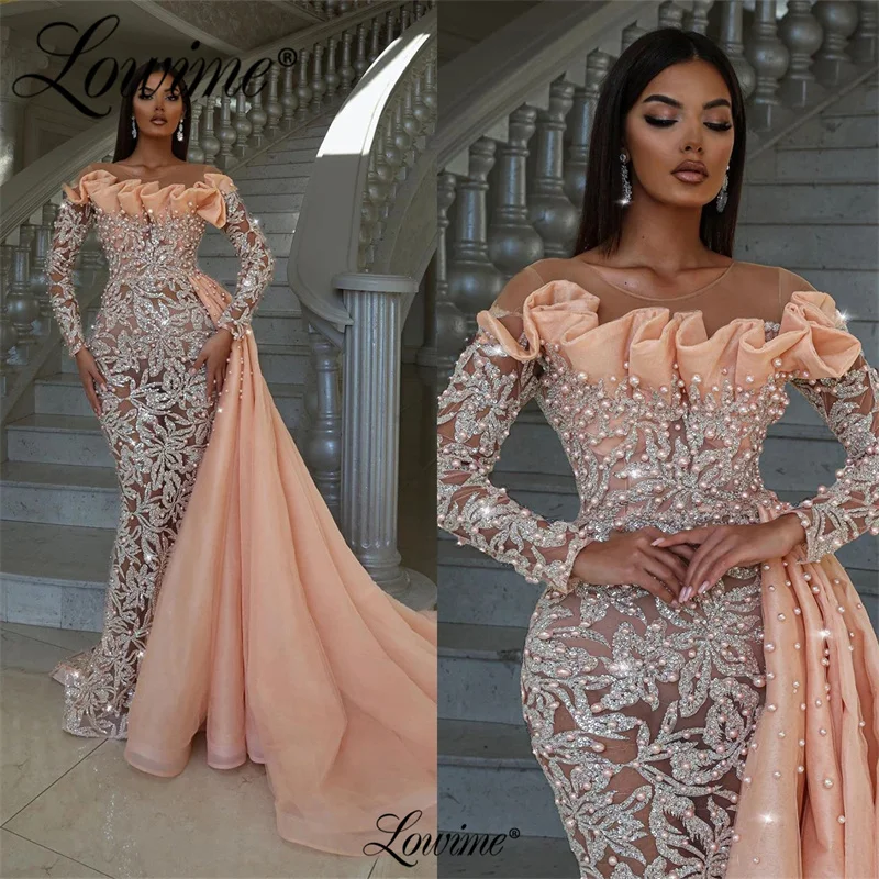 

Lowime 2023 Arabic Long Sleeve Dubai Party Dress Kaftan Abaya Saudi Arabia Prom Dresses Pink Beaded Evening Gowns Robe De Soirée