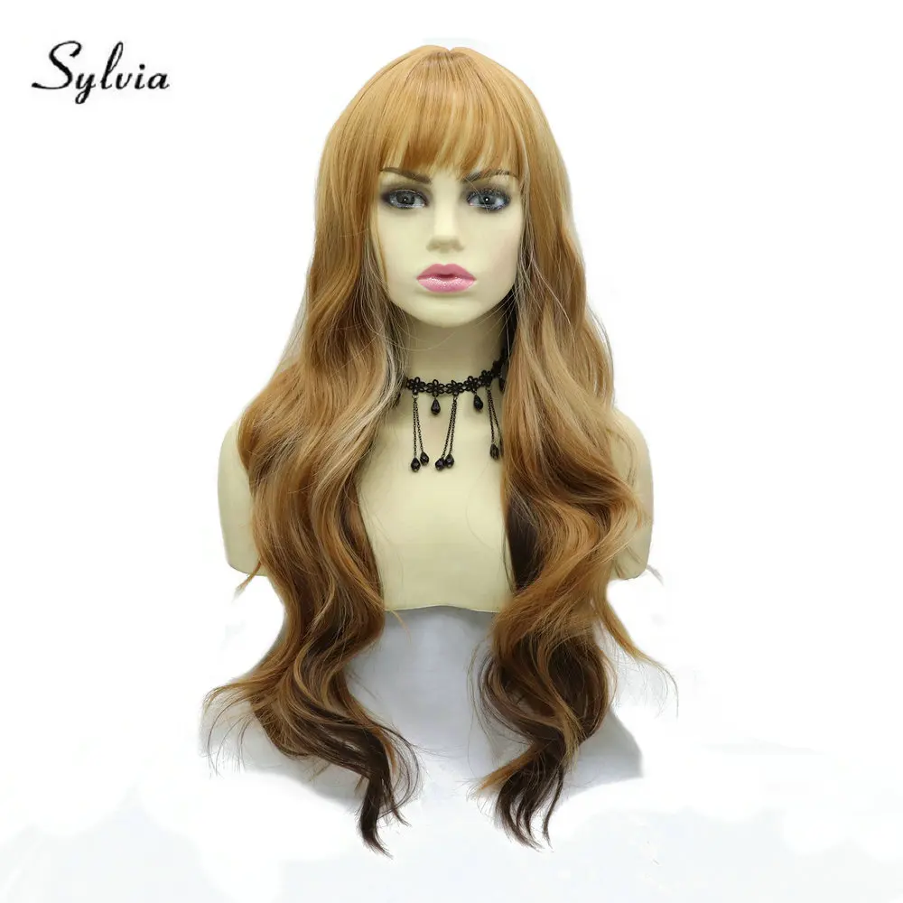

Sylvia Brown Wig Mixed Blonde with Bangs Glueless Natural Wavy Long Synthetic Hair Highlight Wigs for Women 24 Inches