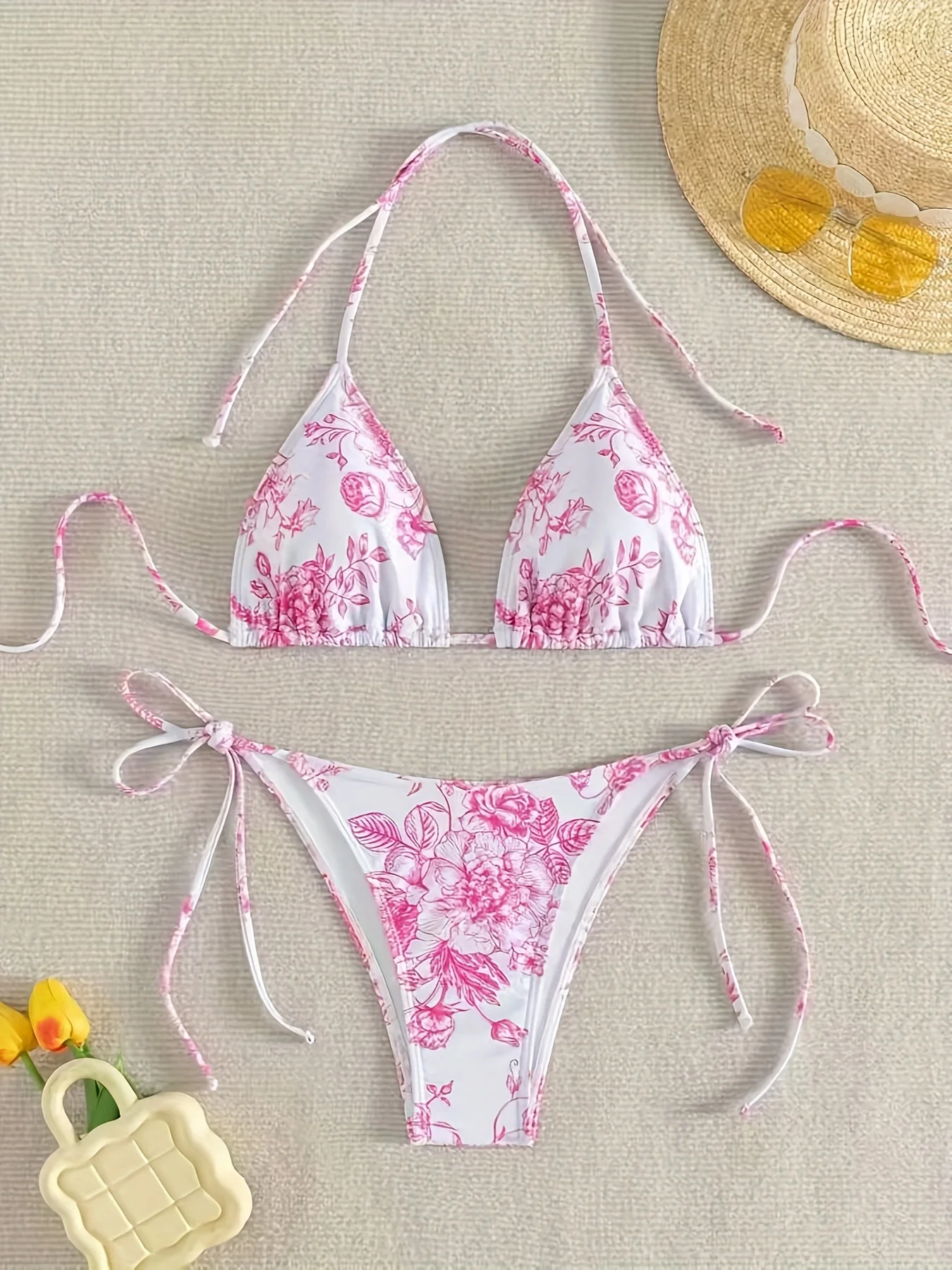 Conjunto de bikini con estampado floral rosa para mujer, traje de baño triangular con lazo lateral, traje de baño para playa y verano, 2 unidades por set