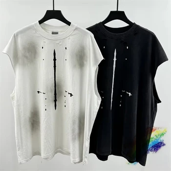 Washed Hand Worn Washed Vest Saint Tie-dyed T-Shirts Men Women Top Quality Black White Vintage T Shirt Tee 1