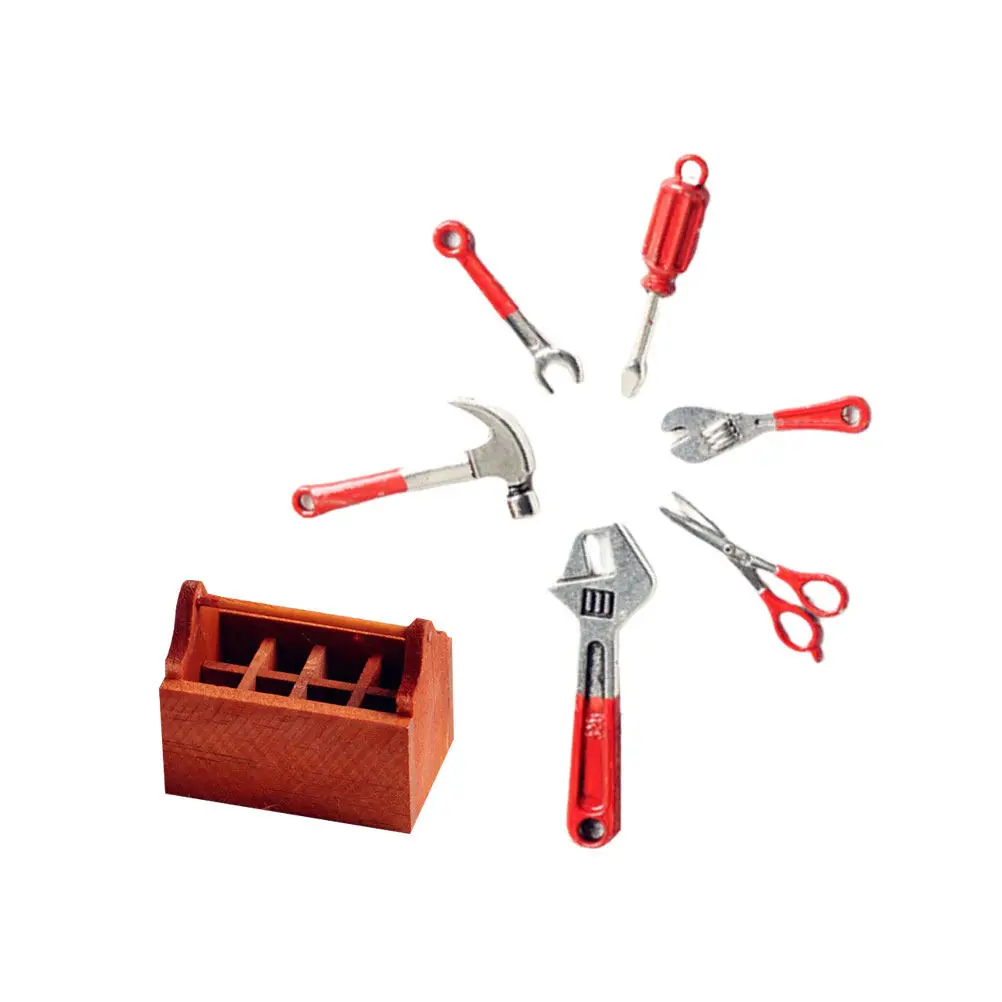 7Pcs 미니어처 도구 상자 액세서리 합금 세트 나무 보관 정리 키트 기계 테마를 위한 창의적인 데스크탑 장식품