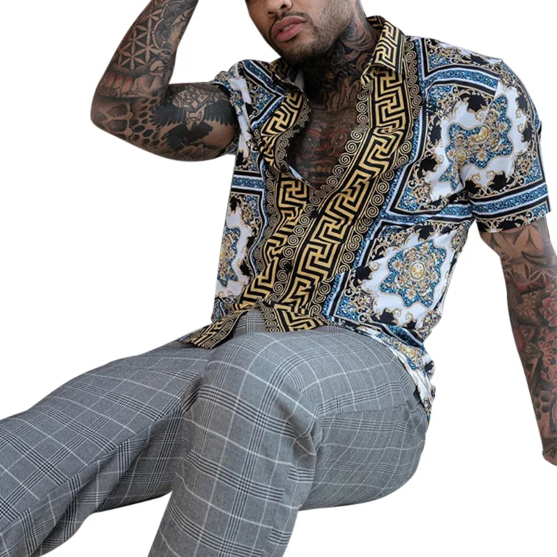 Summer Men's Short Sleeve Shirt European American Retro Trend Shirt Cardigan casual short sleeved shirt short sleeved shirt