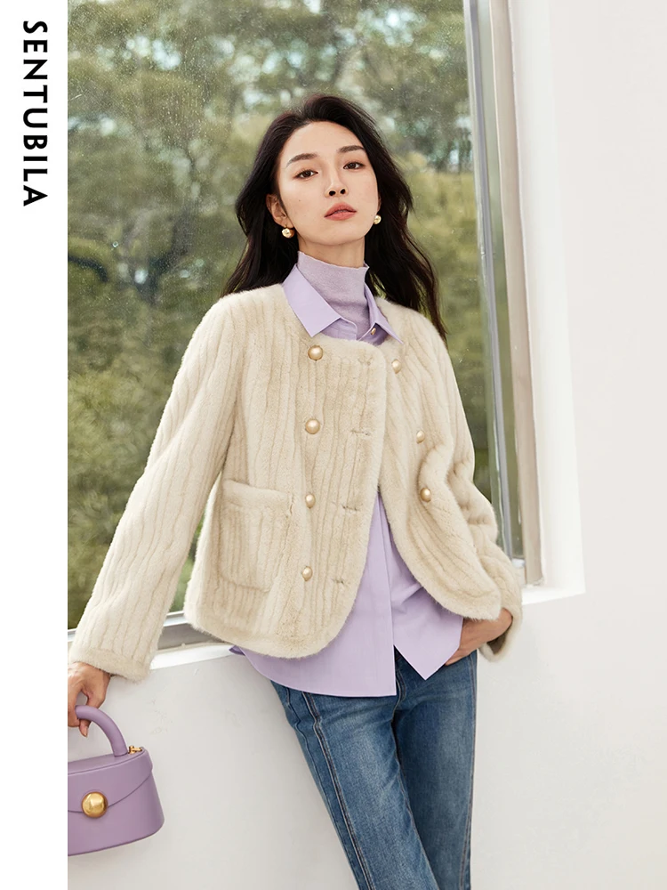 SENTUBILA Women's Imitation Rabbit Fleece Jacket 2023 Autumn Winter Elegant Crew Neck Double-breasted Plush Short Coat W34W50108