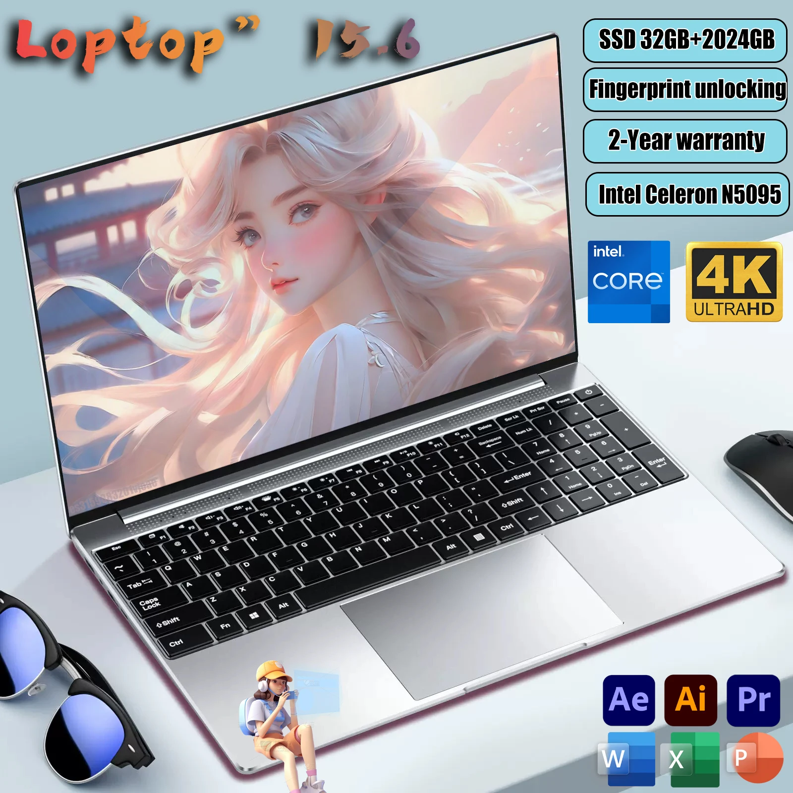 15.6 "Laptop Intel Celeron N5095 Notebook Gamer 32Gb Ram 2Tb Ssd Office Study Pc Computer Windows 11 Risoluzione 1920*1080