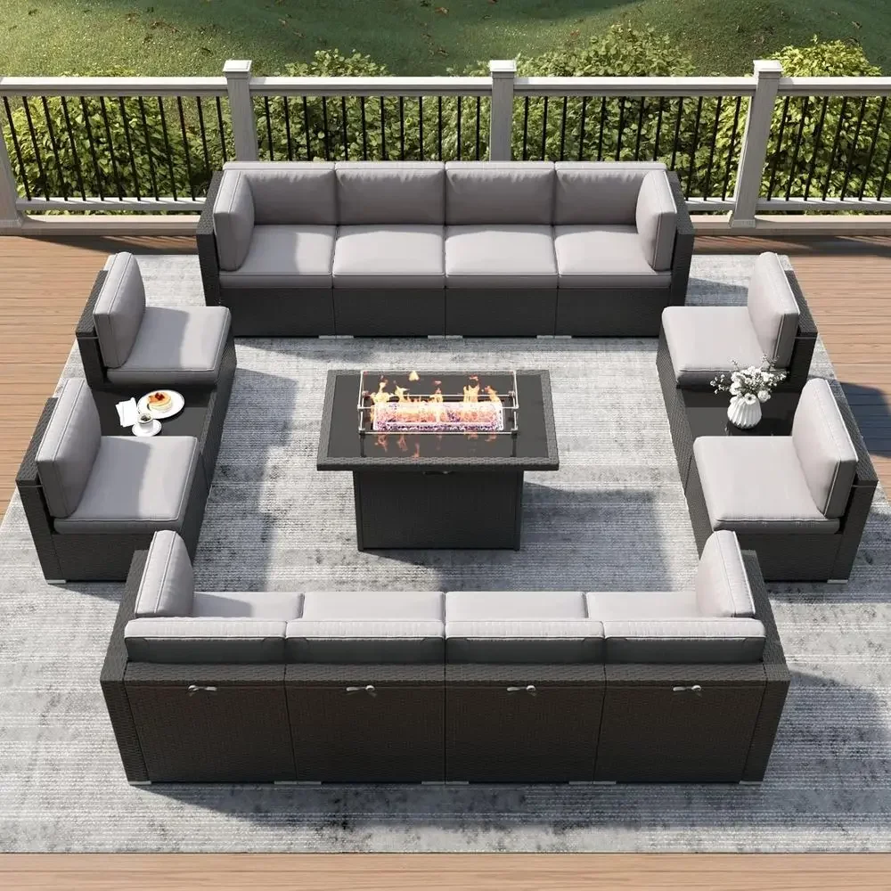 15-Piece Rattan Patio Furniture Set with Fire Pit 1