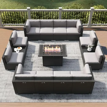 15-Piece Rattan Patio Furniture Set with Fire Pit 1