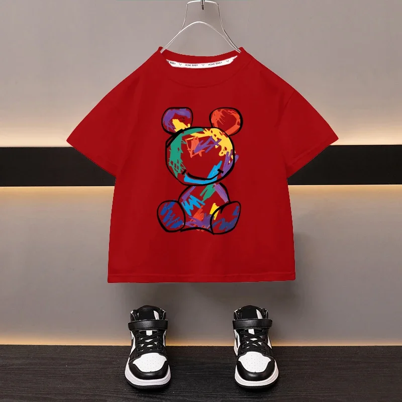 Boys Cotton T-shirt Cartoon Graffiti Bear Printed Girls Tees Summer Short Sleeve Children Tops High Quality Casual Kids Clothes 3