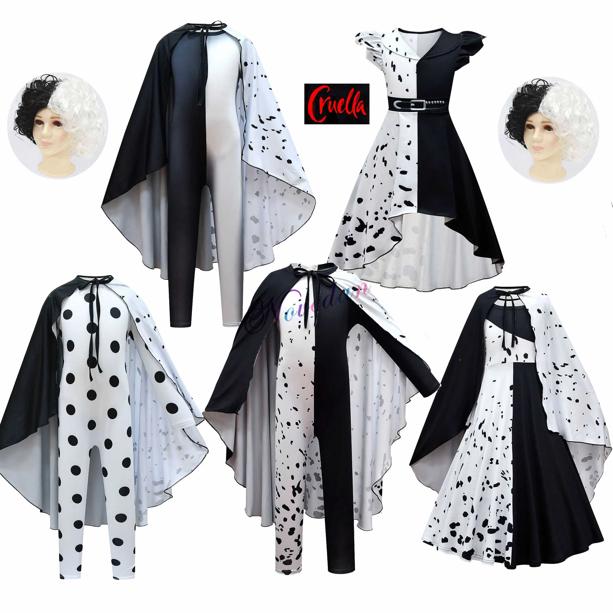 Boy Girls Cruella De Vil Costume Kids Movie Cruella Cosplay Fancy Black White Princess Dress Tuta Parrucca Halloween Party
