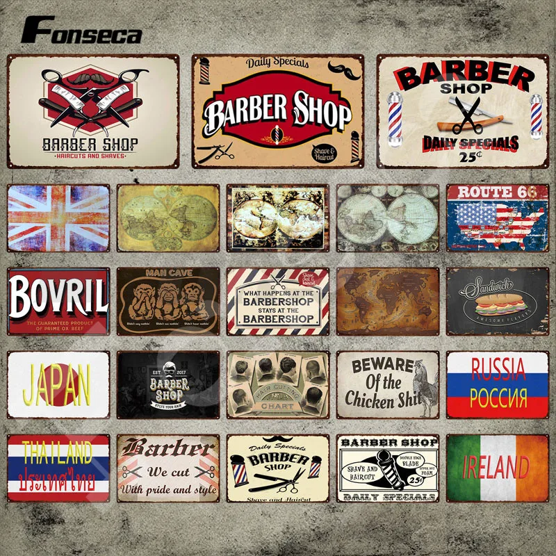 

Barber Shop Metal Poster National Flag and Country Names Vintage Tin Sign Plaque Iron Painting for Barber Shop Wall Decoration