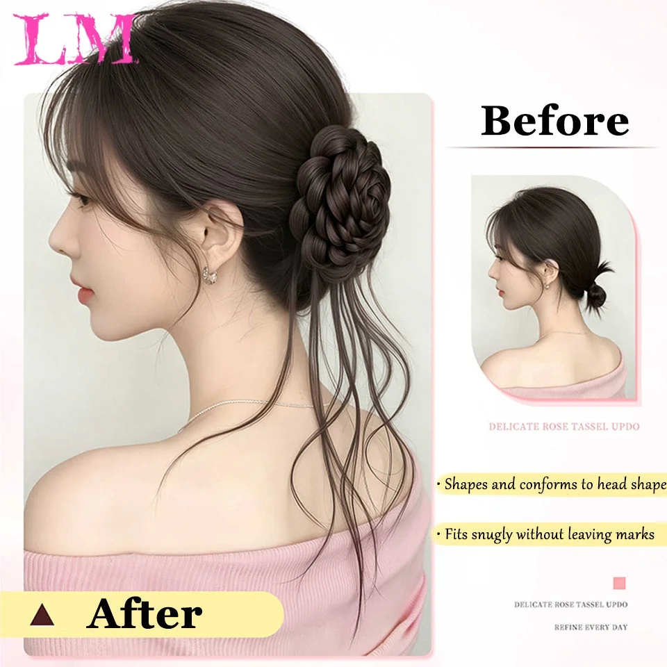 LM 합성 로즈 클로 클립 드래곤 비어드 번 가발 헤어피스 여성용 데일리 사용에 적합