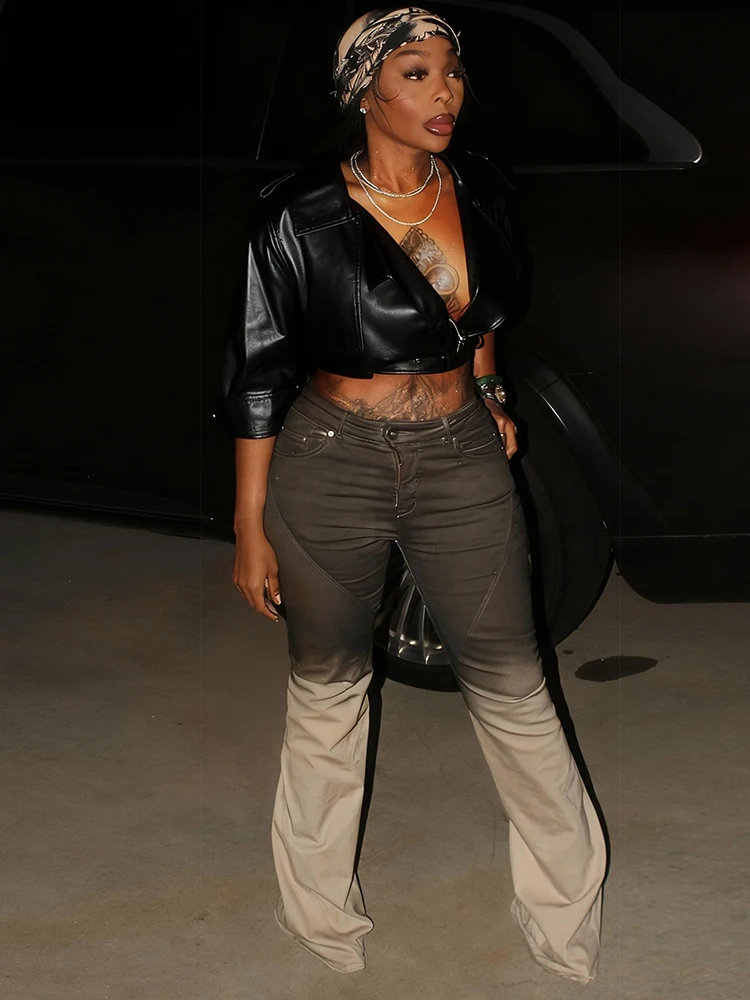 Nibber Hottie Jacket Woman PU Leather Sexy Low-Neck Three Quarter Sleeve Belt Shape Waist Navel Exposed High Street Style Coats