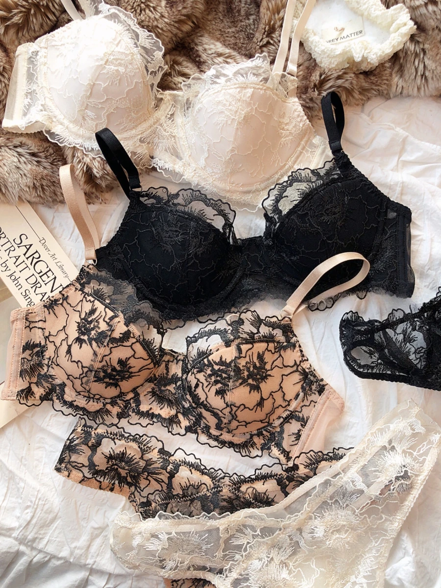 Sexy Lace Flowers Embroidery Bra Set Thin 3/4 Cup Push Up Lingerie For Women Summer Breathable Comfort Brassiere Underwear Sets_voghion.com