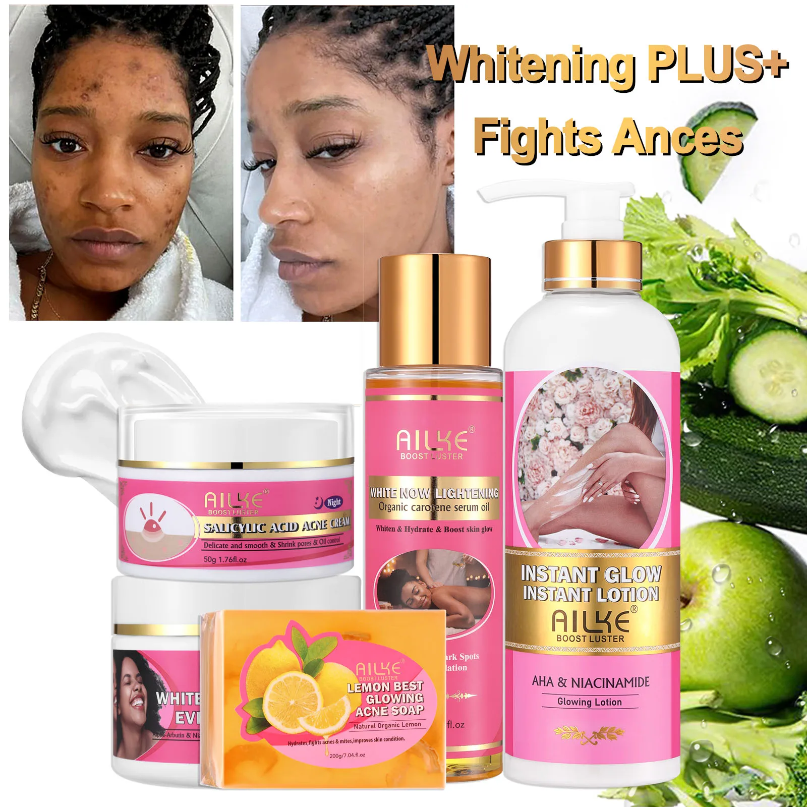 AILKE OEM Wholesale Smooth Brightening AHA Dark Spots Removal, Skin Whitening Anti Wrinkle Skin Care Set 2