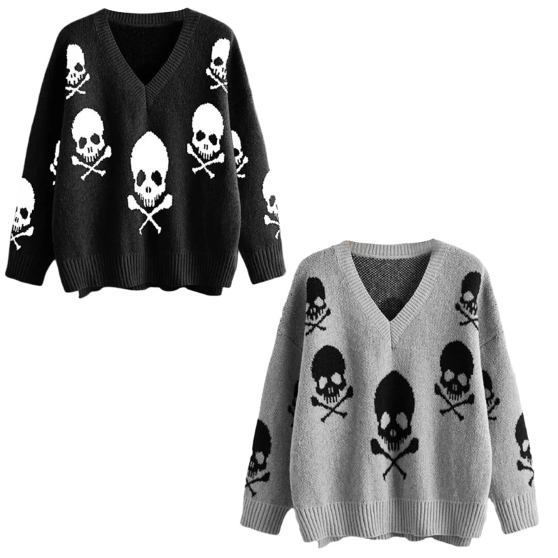 

Stylish Winter Knit Sweater Long Sleeve V Neck Tops Y2K Women's Pullover with Skull Print Dropship