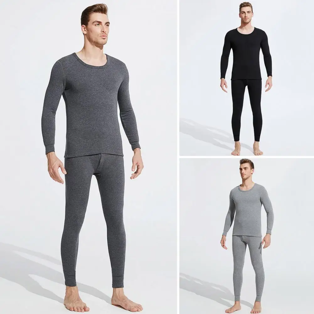 

2 Pcs/Set Men Winter Pajamas Set Round Neck Slim Fit Long Sleeve Solid Color Thick Fleece Lined Soft Elastic Long Johns Sport Ba