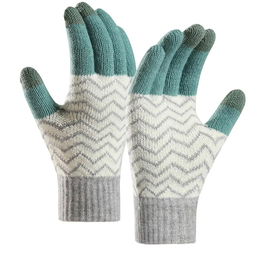 

1 Pair Men Women Winter Gloves Patchwork Color Jacquard Knitting Gloves Plush Lining Touch Screen Warm Gloves