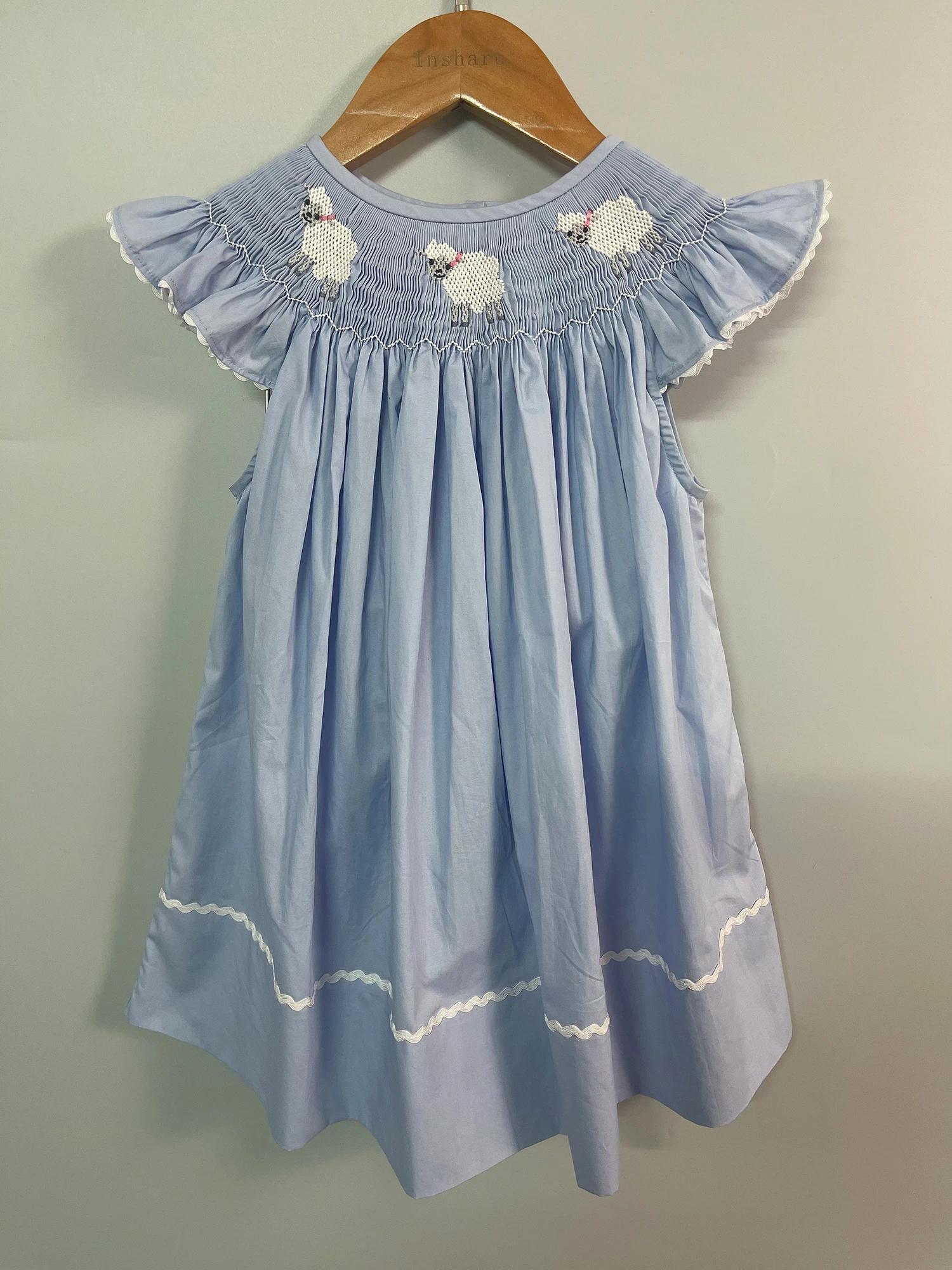 Children Boutique Clothing Summer Girls Flying Sleeves Handmade Smoked Bubble Blue Romper Sheep Embroidered Cute Siblings Outfit 4