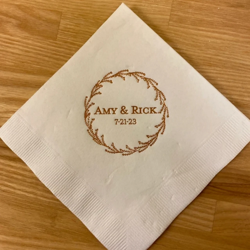 

50pcs Personalized Wedding Napkins - Initials with Delicate Budding Wreath - Engagement Party Beverage Napkins -Cocktail Napkins