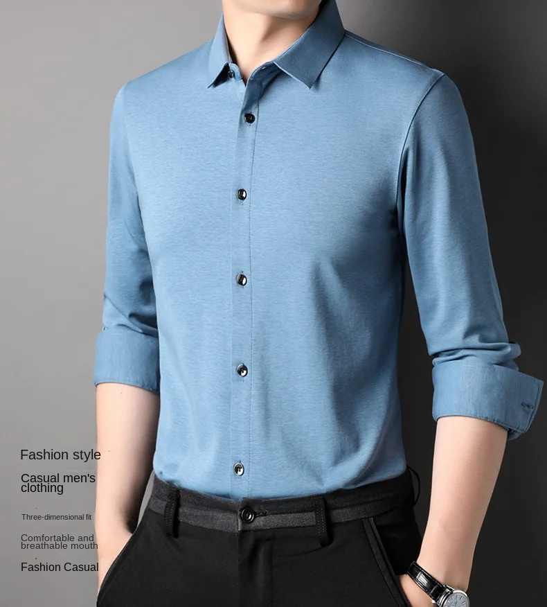 Top Grade Mulberry Silk 5.2% New Slim Fit Fashion Designer Brand Luxury Men Shirts 2022 Long Sleeve Plain Casual Mens Clothes