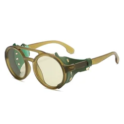 Vintage Retro Round Leather Sunglasses - UV400 Protection, Wind - Resistant Outdoor Sports Eyewear (Green)