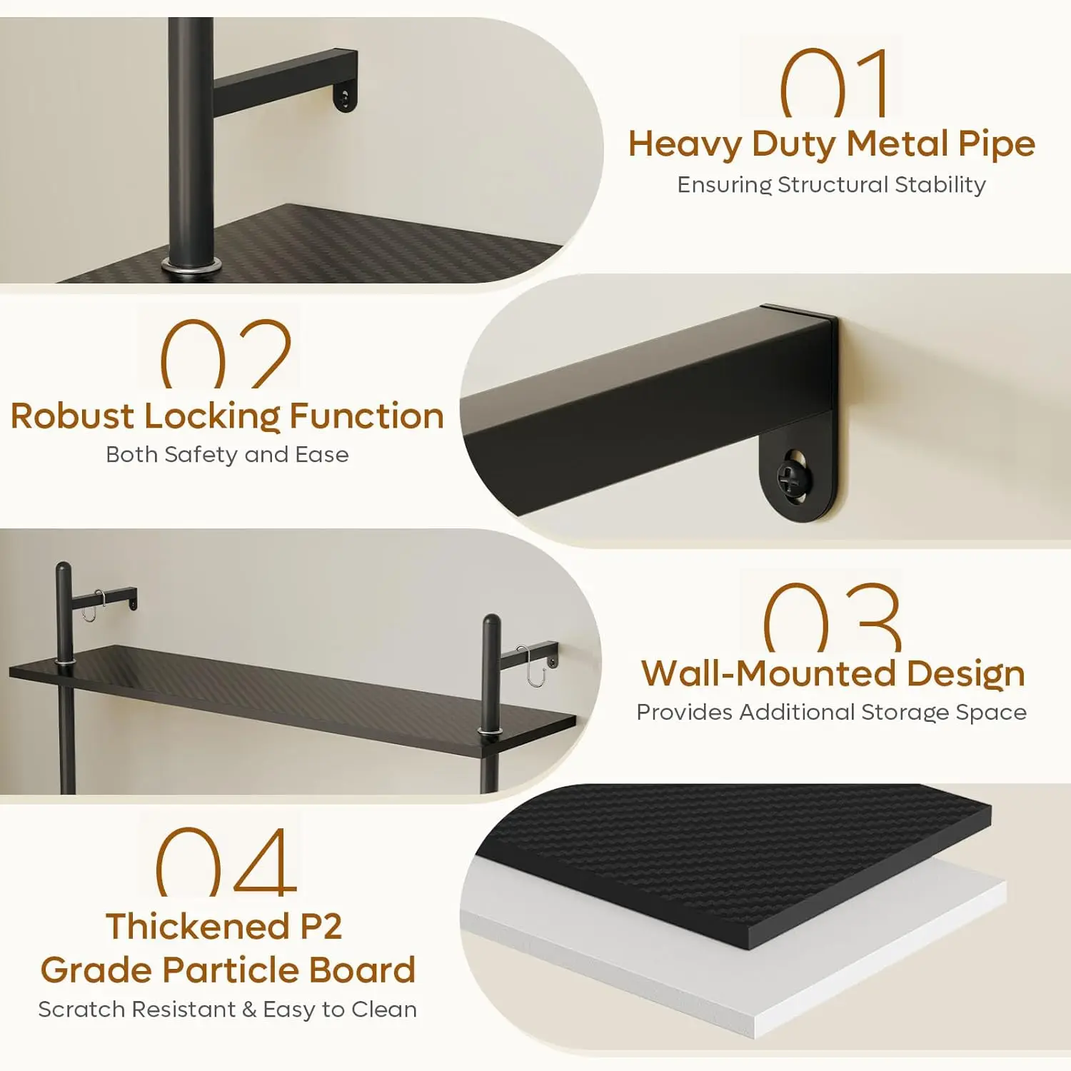 Gaming LED Floating Shelves for Wall, 41" Wall Mounted Shelf Pipe Glass Shelves, 3 Tier Hanging Display Rack with 8 S-Hooks Towe 6