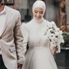 Muslim High Collar A-line Wedding Dresses 2024 New Draped Pleat Floor Length Ribbon Bride Dress Brush Train robe de mariée 3