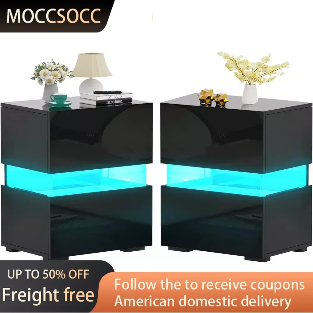 

LED Nightstands Set of 2 Bedside Table Room Furniture Night Stands With High Gloss Drawers Storage Cabinet Remote Nightstand