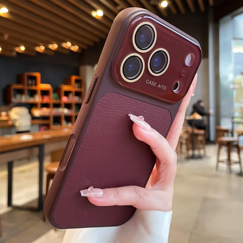 Luxury Litchi Leather Phone Case with Large Window Lens Protector & Shockproof Cover