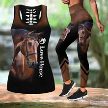 Beautiful Love Horse 3D All Over Printed Hollow Tank Top & Leggings Set Fitness Female Full Length Leggings Running Pants DDK94