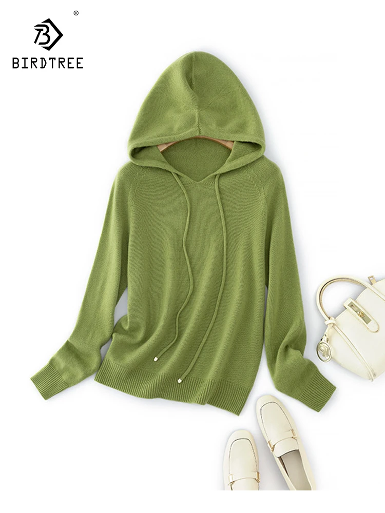 

Birdtree 34.5%Merino Wool Womens' Hoodies 400g Knitted Hooded Pullovers 2023 Fall Winter Basic Sweater Green Charcoal T38407QC