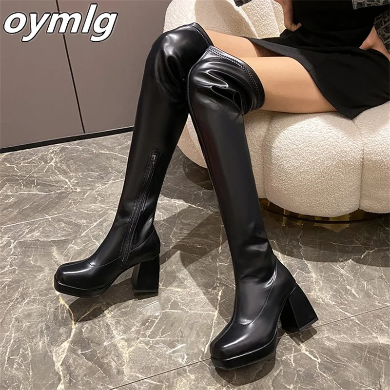 

Square head thick heels over knee boots for women's new waterproof platform super high heels elastic thin boots thick soled boot