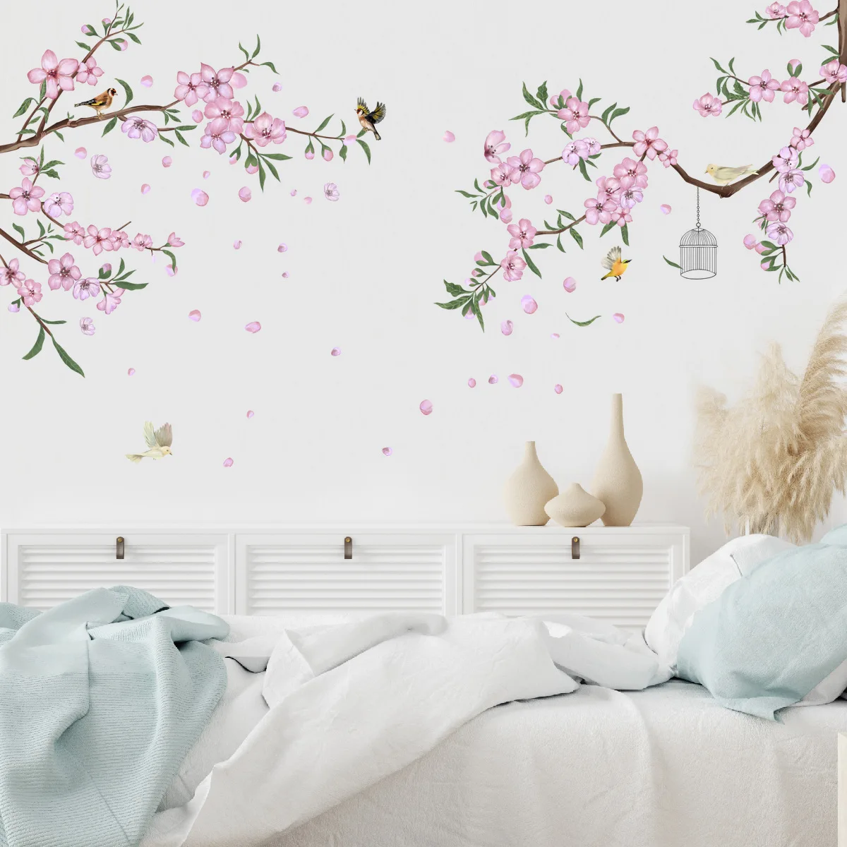Pink Flower Tree Branch Bird Wall Sticker Living Room Bedroom