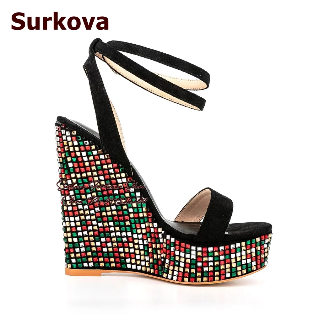 

Surkova Bling Bling Multi-Color Crystal Wedged Heel Sandals 14cm SKy High Heel Platform Rhinestone Dress Shoes Colorful Diamond