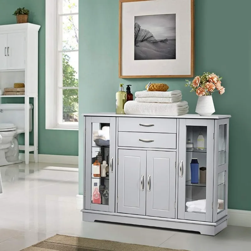 Sideboard Storage cabinet with 2 drawers,3 cabinets and glass doors for kitchen and dining room furniture,cupboards consoles