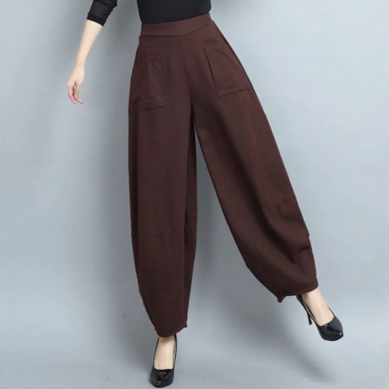 Autumn Winter Women's Elastic High Waist Solid Pocket Lantern Harlan Vacation Trousers Fashion Casual Office Lady Loose Pants
