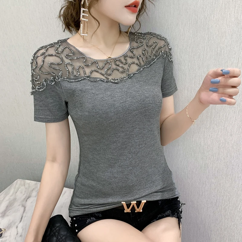 

2024 Summer European Clothes O Necks T-Shirt Women Sexy Mesh Diamonds Slim Tops Short Sleeves Elastic Tees